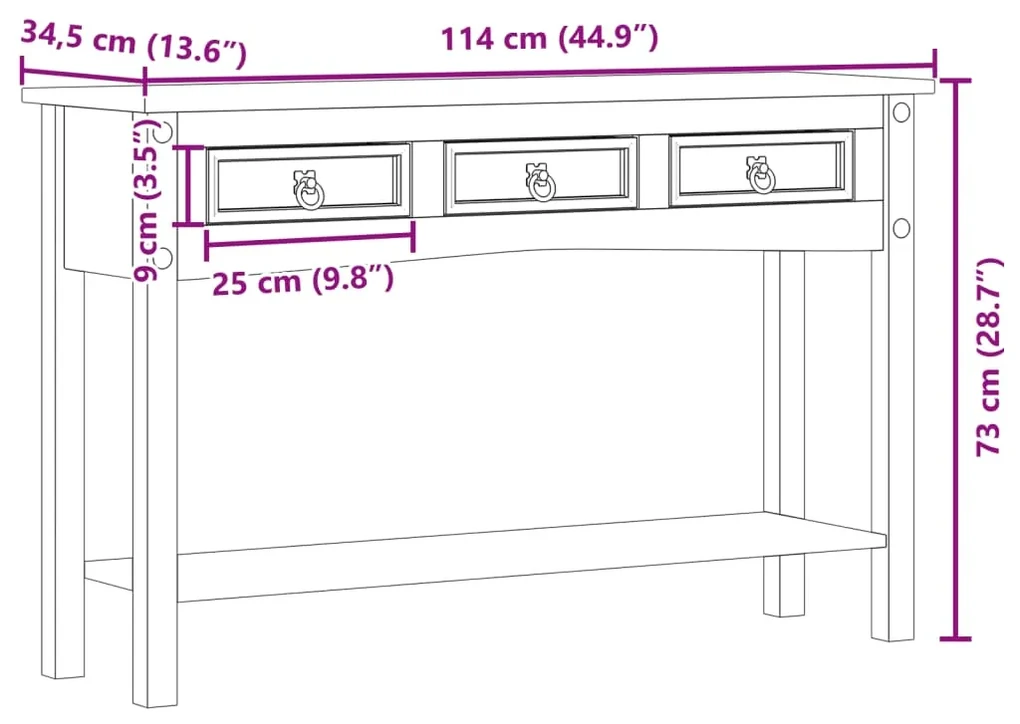 Mesa consola Corona 114x34,5x73 cm madeira de pinho maciça
