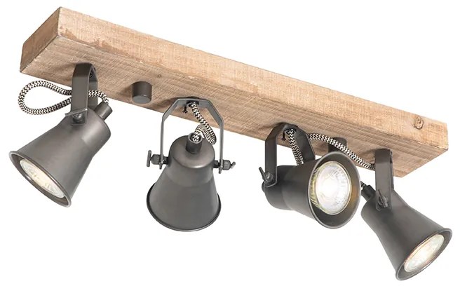 Foco rústico preto com madeira 4-luzes ajustável - Jelle