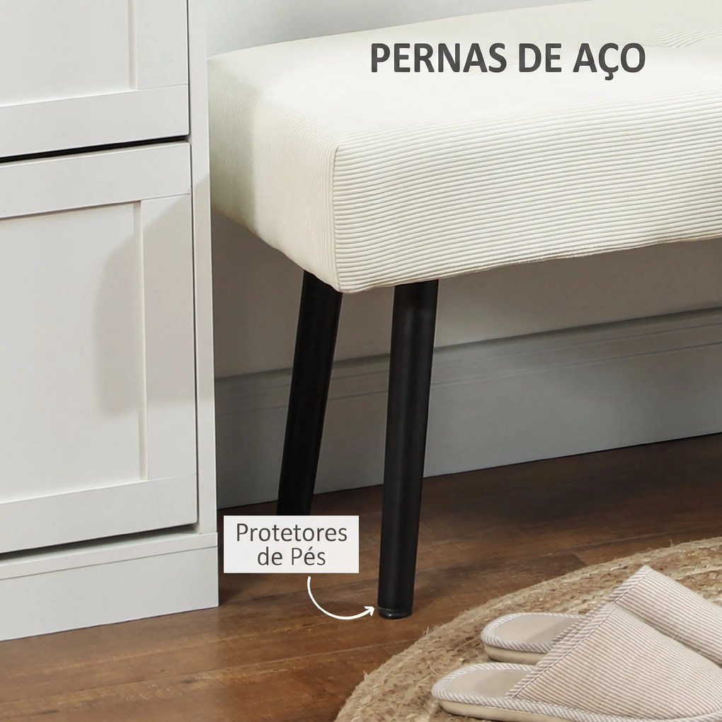 Banco de Pé de Cama em Bombazina com Assento Acolchoado, Design Capitoné e Pernas de Aço para Quarto Branco Creme