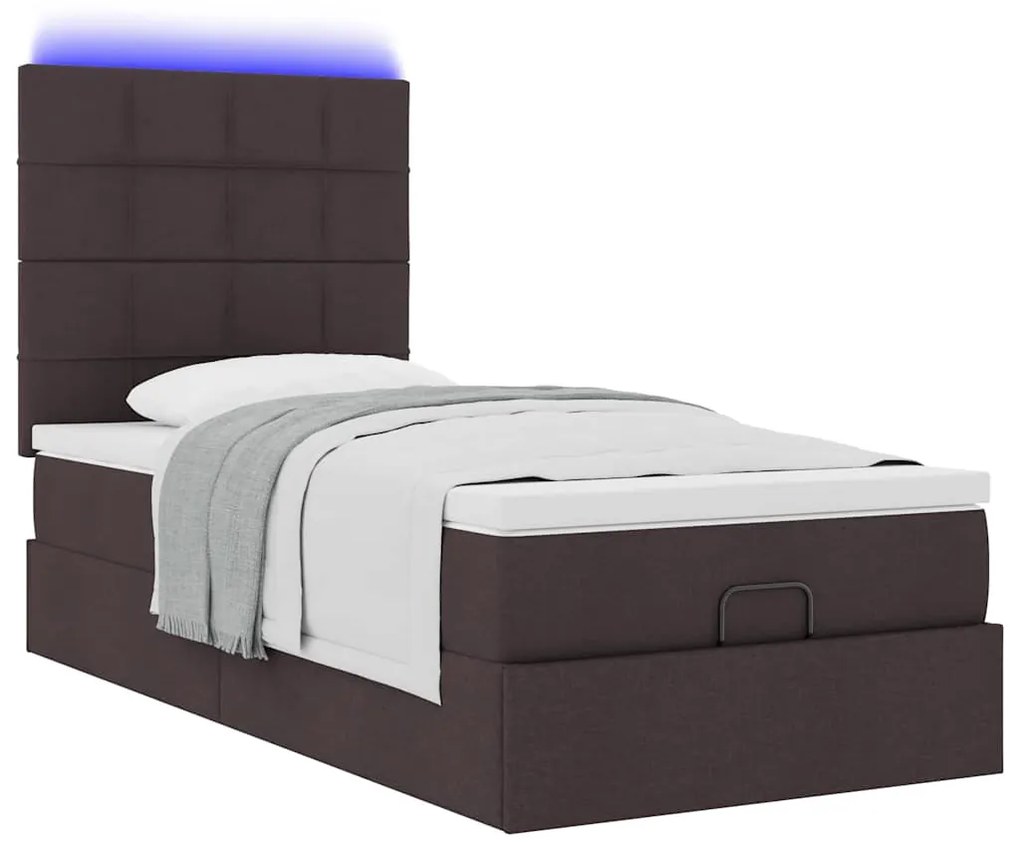 Cama otomana com colchão & LEDs 90x200cm tecido castanho escuro
