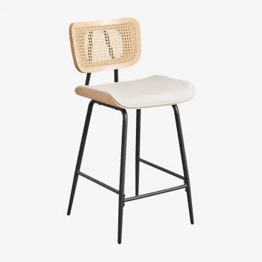 Banco Alto Em Madeira, Rattan E Couro Sintético Raysa Madeira Natural & ↑65 Cm & Couro Sintético Branco Quebrado - Sklum