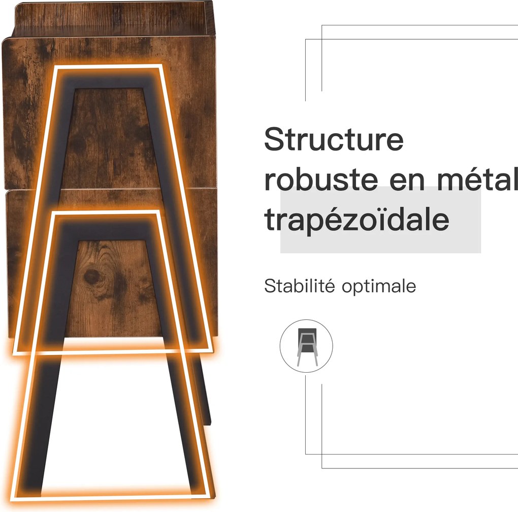 Conjunto de 2 mesas de cabeceira empilháveis, mesas de cabeceira em madeira, mesa auxiliar de estilo industrial, 46 x 35 x 52,5 cm, castanho rústico e