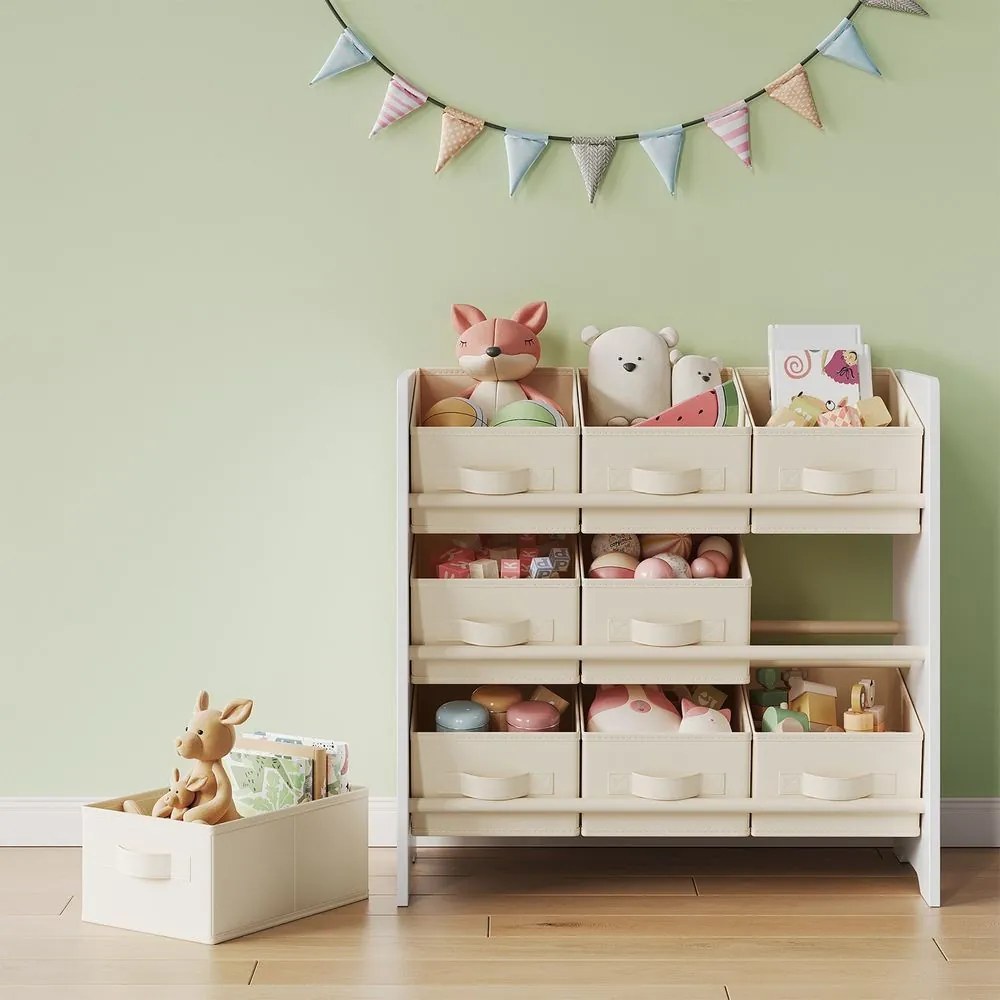 Estante infantil com 9 caixas de armazenamento em tecido não tecido 29,5 x 62,5 x 60 cm branco