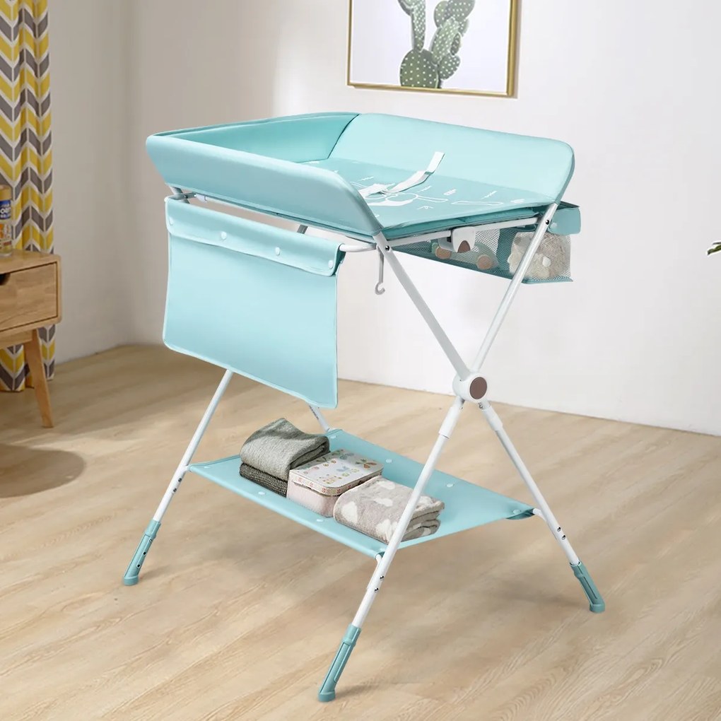 Trocador de fraldas portátil e dobrável para crianças com altura ajustável e 4 rodas flexíveis 75 x 80 x 105 cm Azul