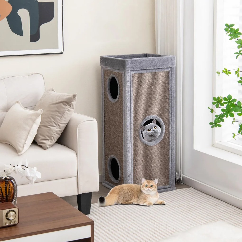 Casa para gatos com 3 cavernas com 3 esconderijos e painéis de sisal para arranhar, cama superior com almofada removível cinza
