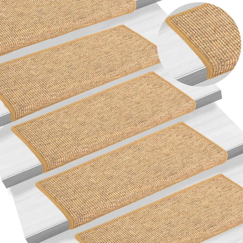 vidaXL Tapetes de escada 15 peças 65x21x4 cm sisal borda retangular