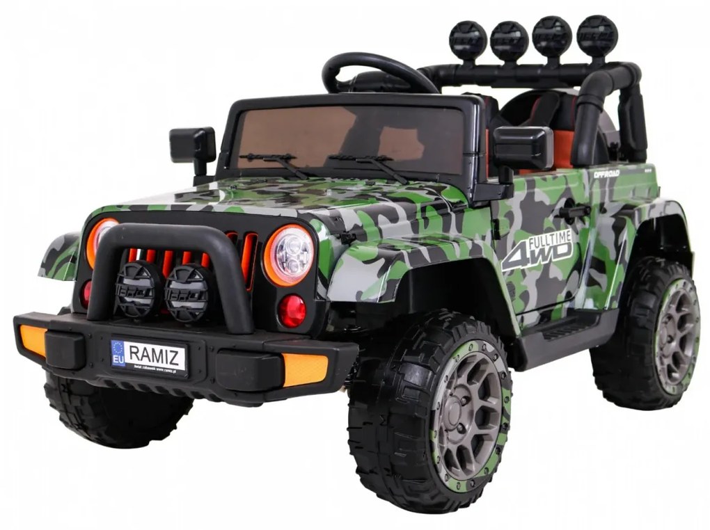 Jiep elétrico para Crianças 12V 4x4 Full Time 4WD Moro Off-Road Rodas EVA, assento couro ecológico Militar