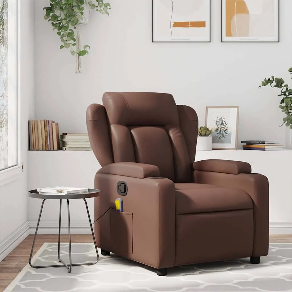 Poltrona de massagens reclinável couro artificial castanho