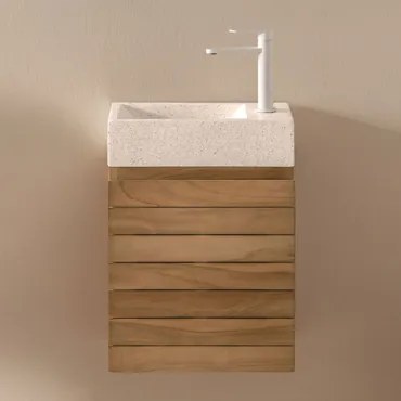 Conjunto De Móveis De Banheiro Em Madeira Teca Com Pia Integrada Em Cimento Napier Madeira De Teca & Sem Espelho & Branco ↑20 - Sklum