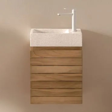 Conjunto De Móvel De Casa De Banho Suspenso 40x20 Cm Em Madeira De Teca Com Lavatório Integrado Em Cimento Napier Madeira De Teca & Sem - Sklum