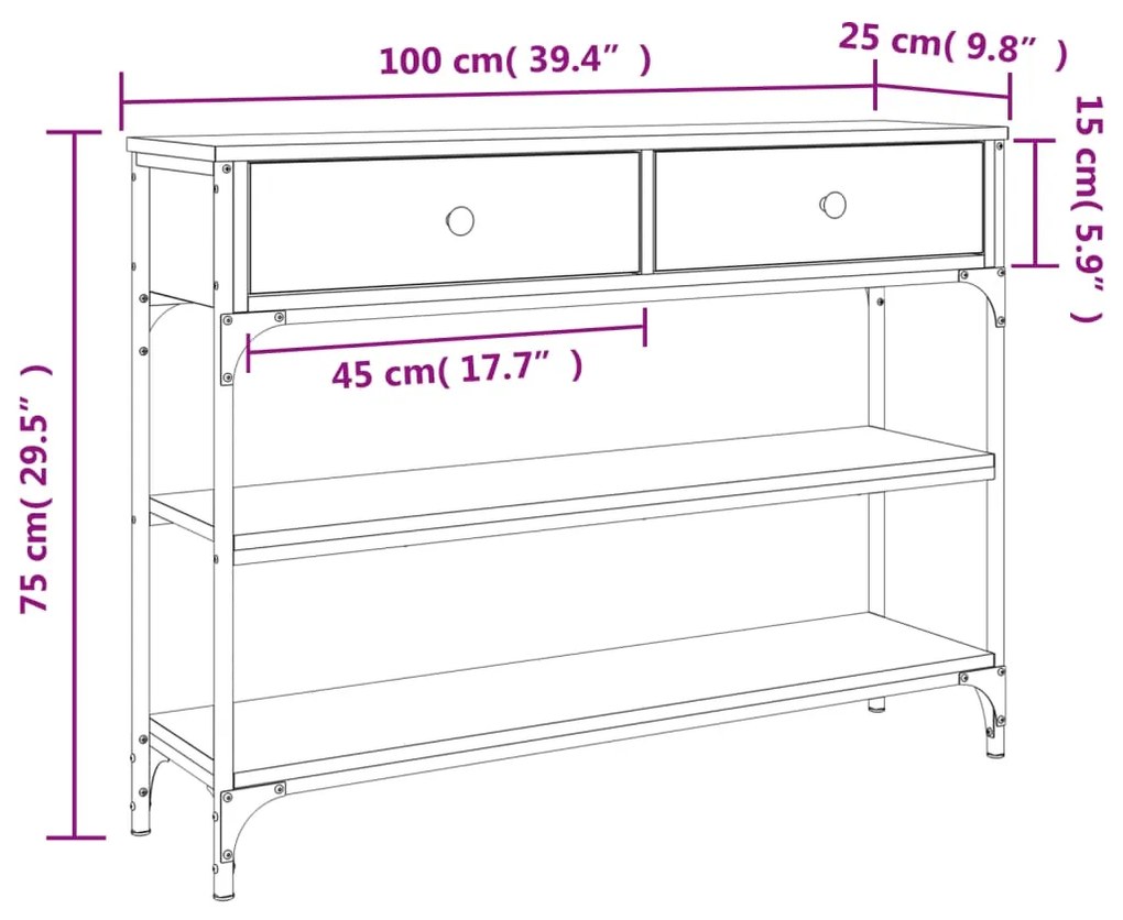 Mesa consola 100x25x75 cm derivados madeira carvalho castanho