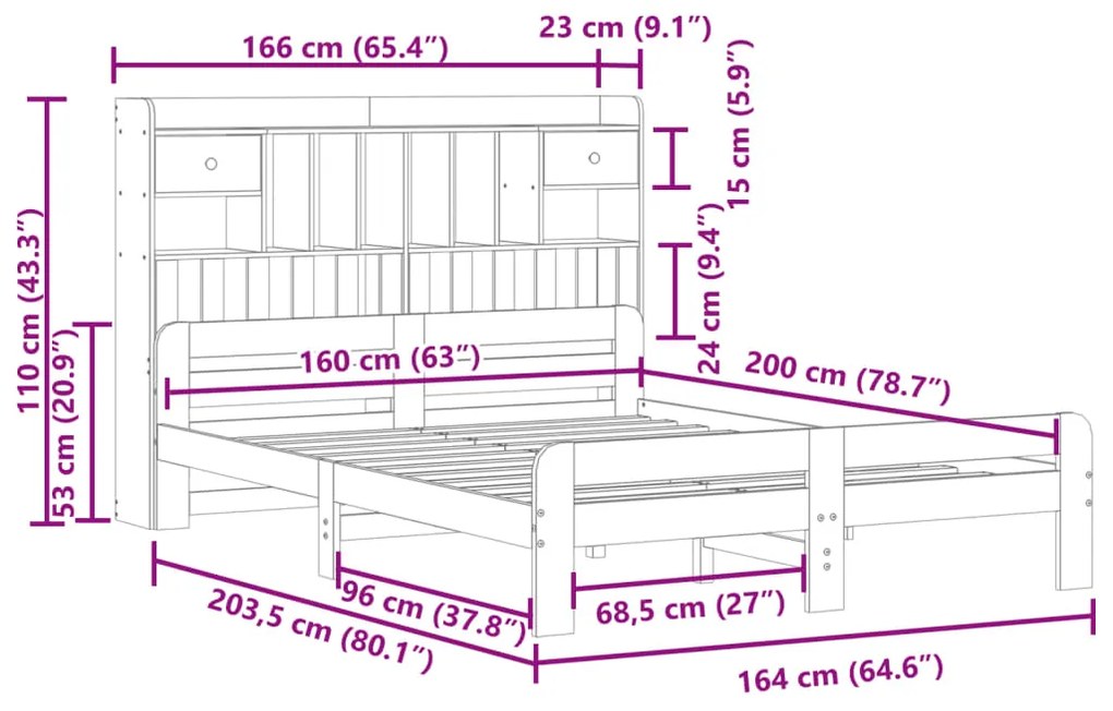 Cama com estante sem colchão 160x200 cm pinho maciço