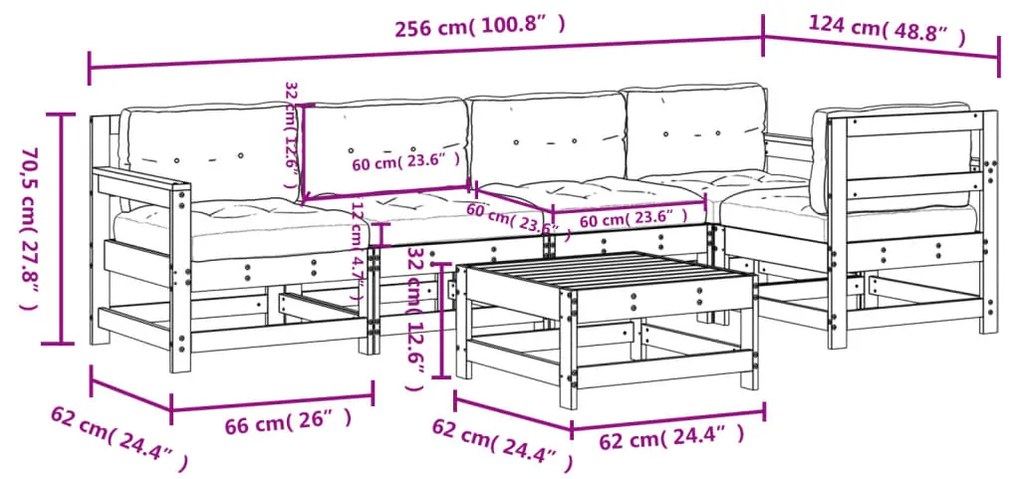 6 pcs conjunto lounge jardim c/ almofadões madeira maciça