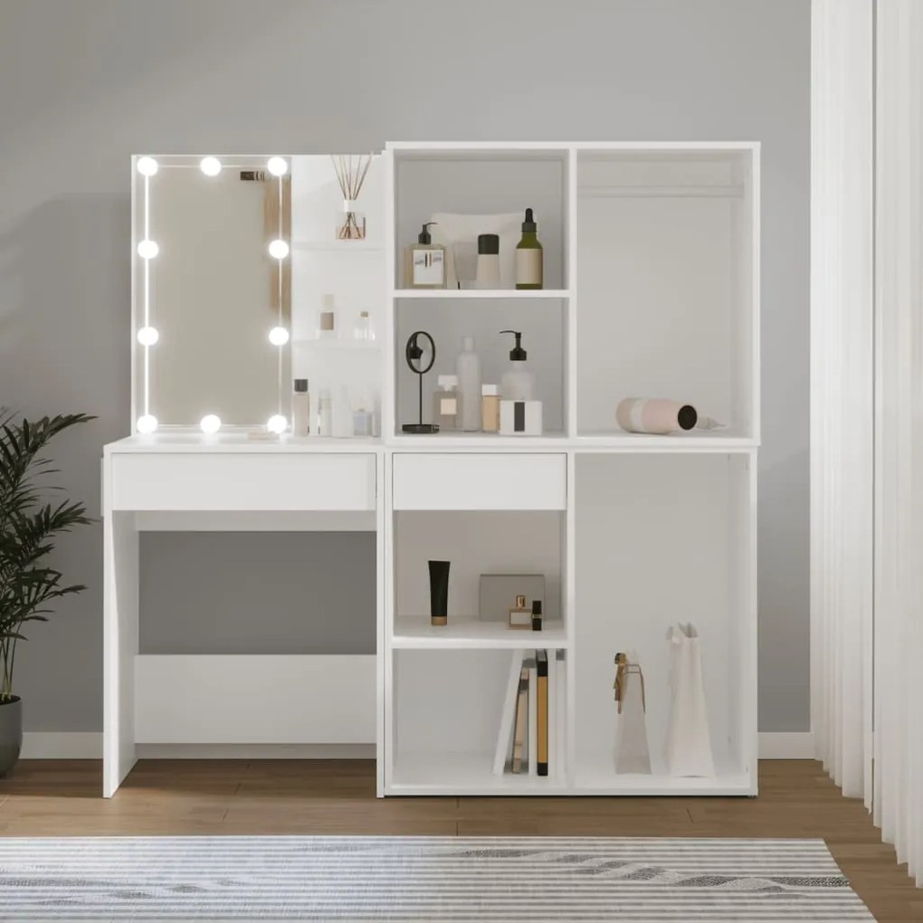vidaXL Toucador com 2 armários e luzes LED derivados de madeira branco