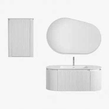 Conjunto De Móveis De Casa De Banho Em Madeira Com Lavatório Integrado Carsone Branco & Branco & Oval Led E Anti-embaciamento 120x80 Cm - Sklum
