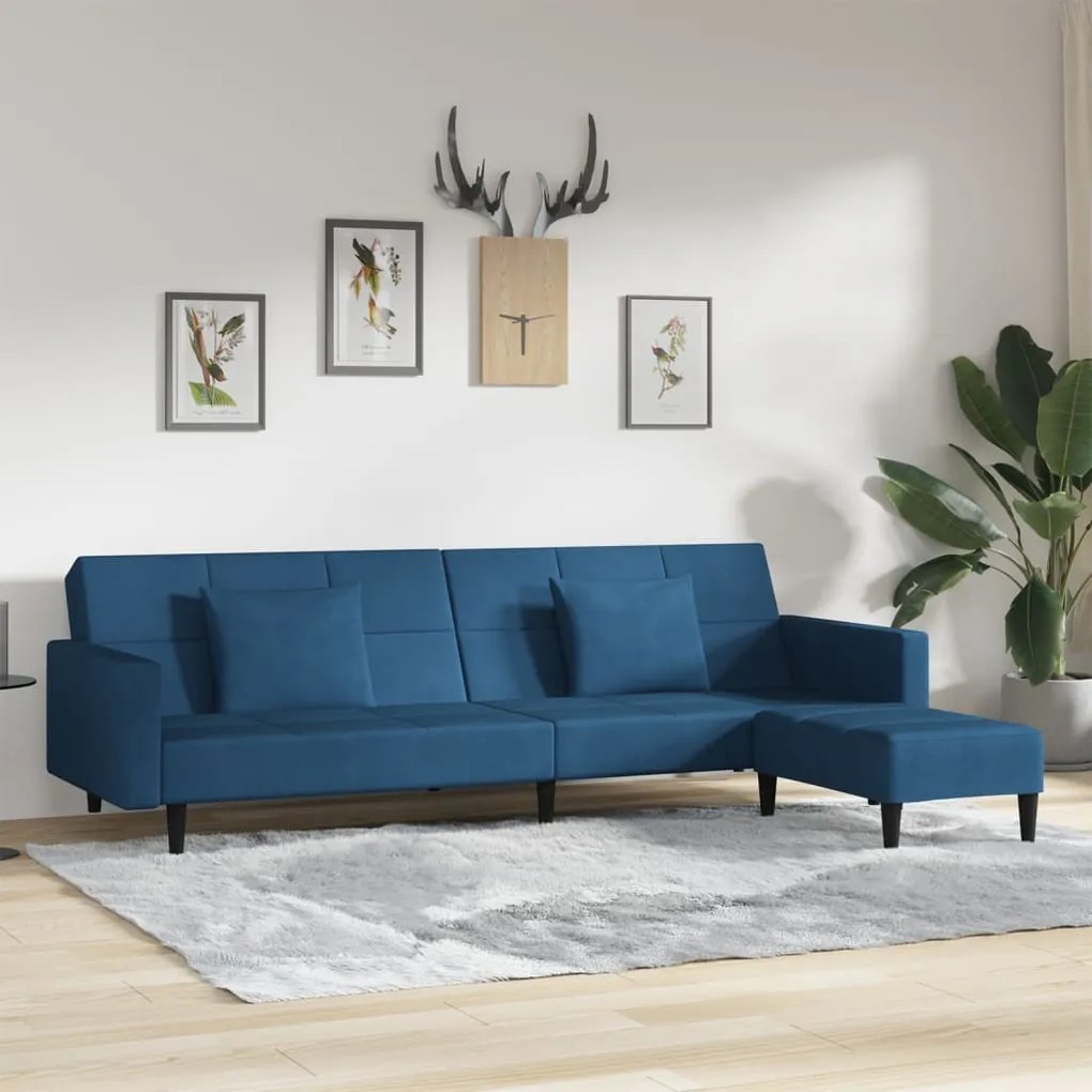 3080634 vidaXL Sofá-cama 2 lug. c/ duas almofadas e apoio de pés veludo azul