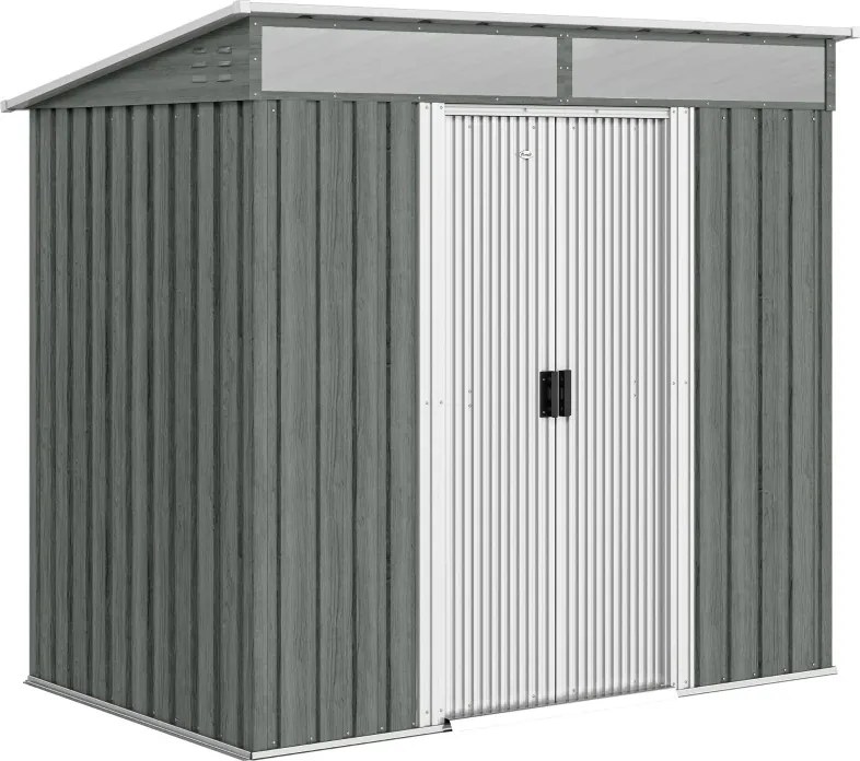 Abrigo de Jardim Exterior 2 m² 195x122x181,5 cm Abrigo Metálico com Base SEM CHÃO 2 Portas de Correr Janelas Cinza Claro