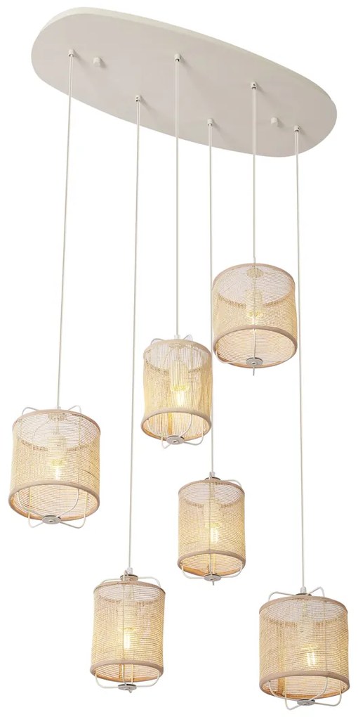 Candeeiro suspenso Japandi bege com abajures de tecido 6 luzes - Yente