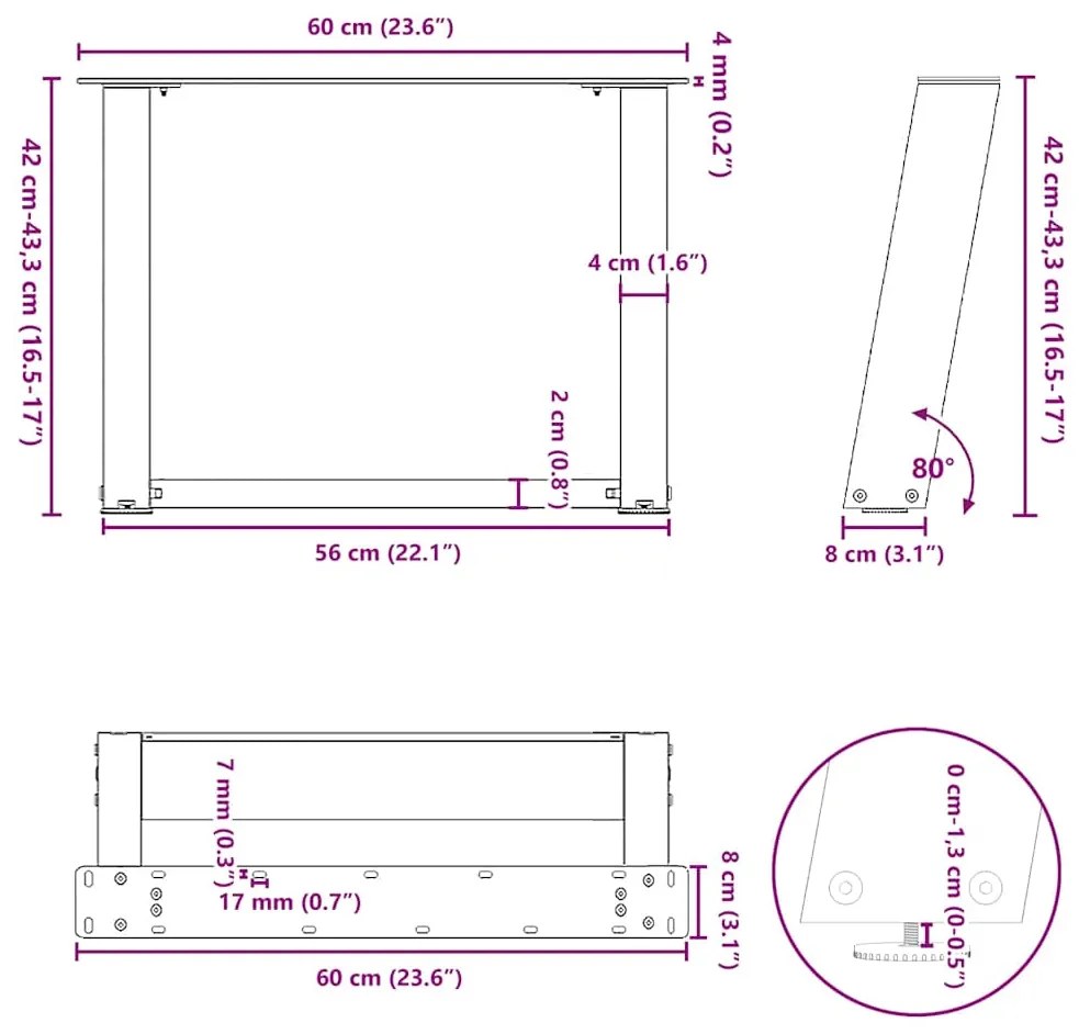 Pés para mesa de centro em forma de U, 2 peças, antracite, 60x (42-43)