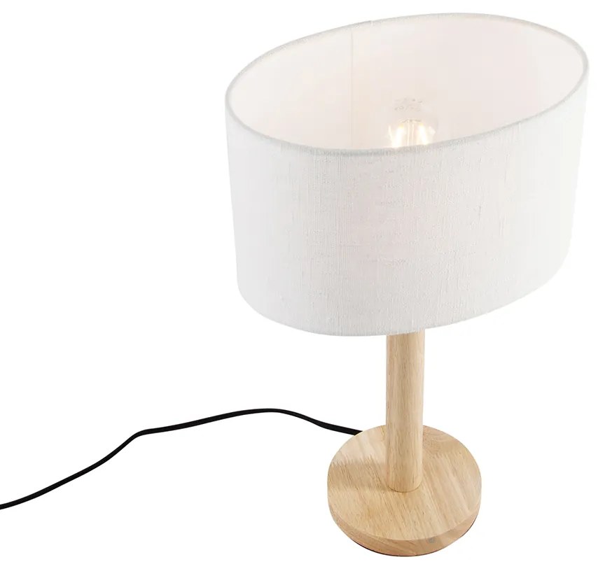 Candeeiro de mesa madeira com abajur oval de linho branco 25cm - Mels Rústico ,Moderno