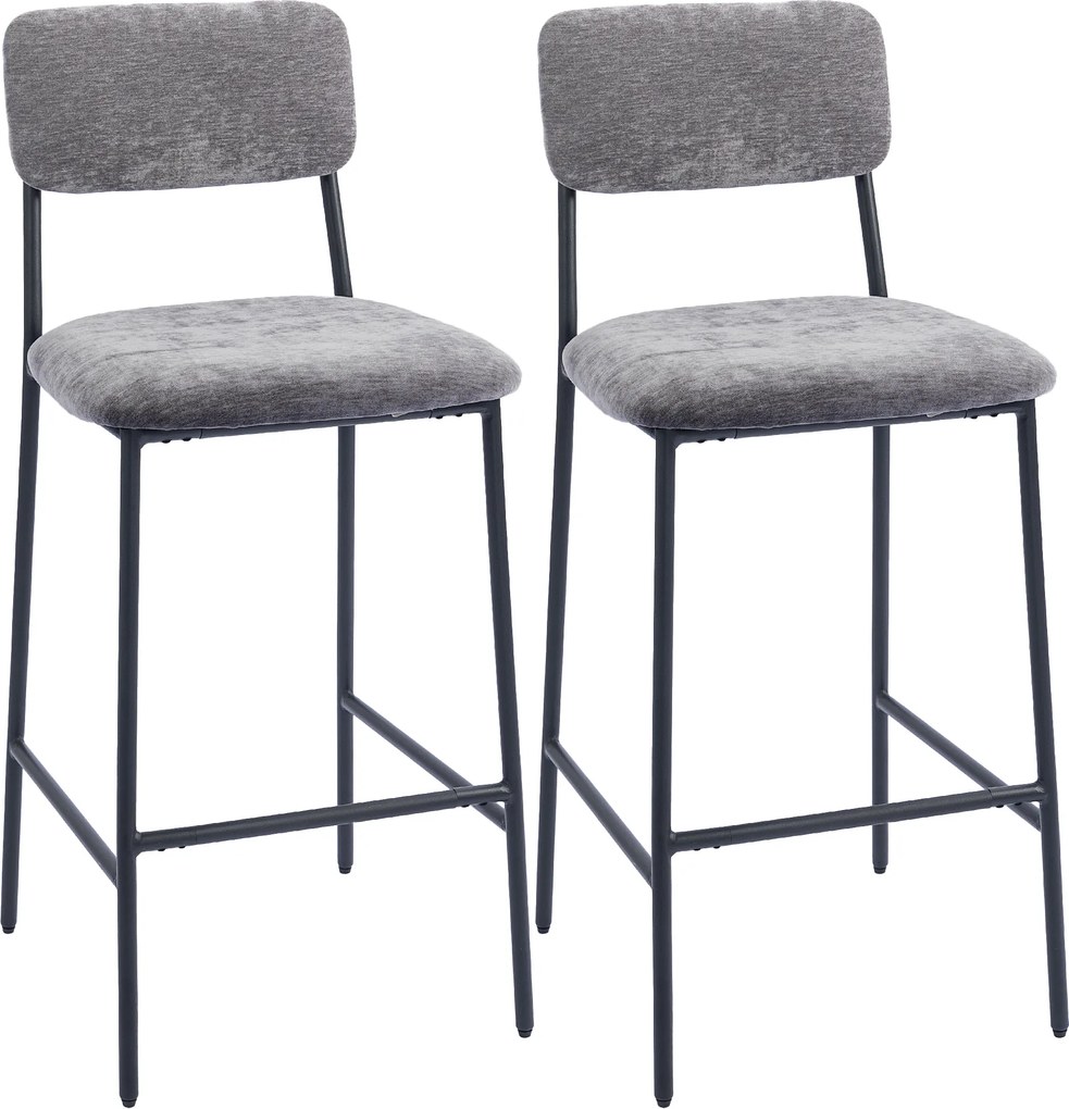 HOMCOM Conjunto com 2 banquetas de bar em tecido chenille, bancos de bar estofados, assento largo, encosto alto, 45,5x48x101cm, cinza | Aosom Portugal