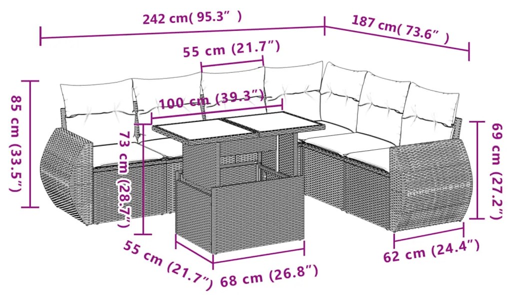 7 pcs conjunto de sofás jardim c/ almofadões vime PE castanho