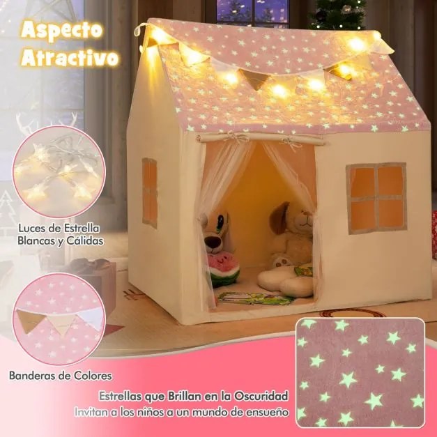 Tenda Casa para crianças infantil 119 x 104 x 129 cm com cortinas, janelas, luzes, bandeirinhas e tapete acolchoado interior rosa