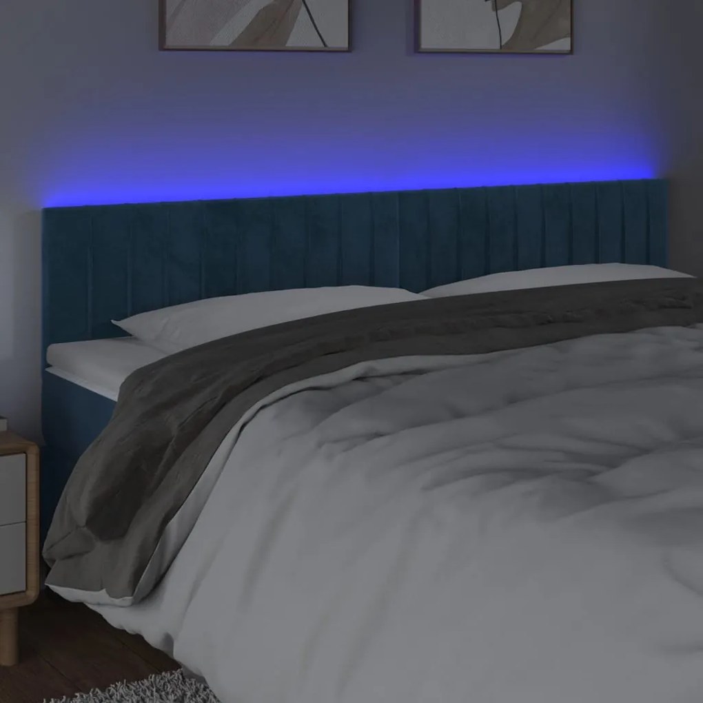 Cabeceira de cama c/ luzes LED veludo 180x5x78/88cm azul-escuro