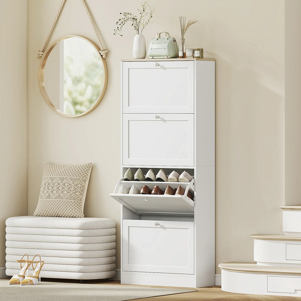 Sapateira com capacidade 60 x 23,5 x 153 cm para 24 pares, com 4 gavetas rebatíveis e prateleiras ajustáveis, branco