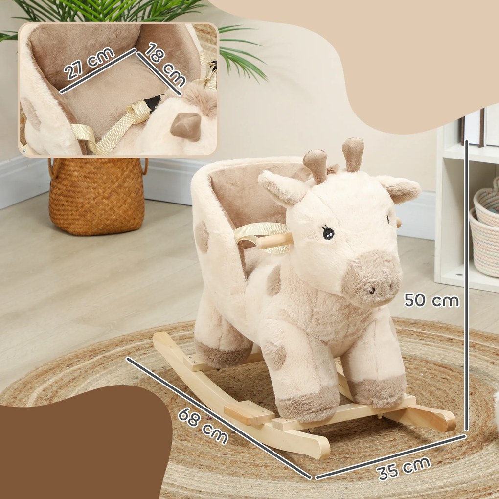 Cavalo de baloiço para crianças em forma de girafa, brinquedo de balanço para bebés com efeitos sonoros, cinto de segurança, 68 x 35 x 50 cm, bege
