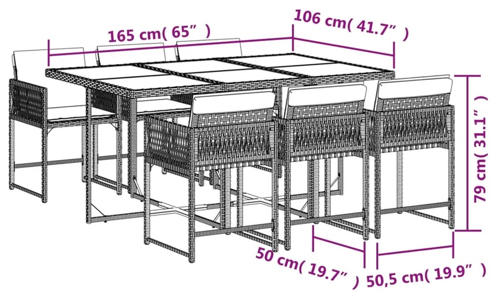 7 pcs conjunto de jantar p/ jardim c/ almofadões vime PE cinza