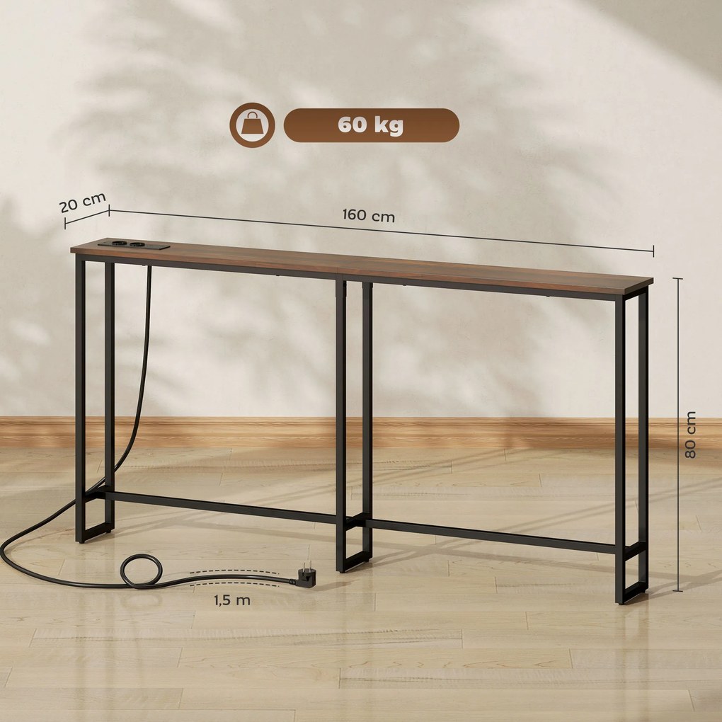 Mesa de Consola Estreita Consola com Estação de Carga Estrutura de Aço Estilo Industrial para 160x20x80 cm Castanho Rústico