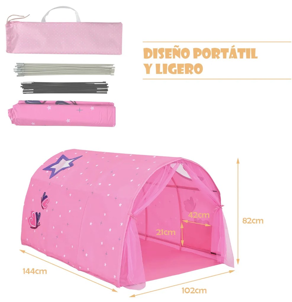 Tenda de Cama para Crianças Tenda de Brincar Tenda Portátil para Crianças Pop Up com saco de transporte de cortina dupla 144 x 102 x 82 cm Rosa