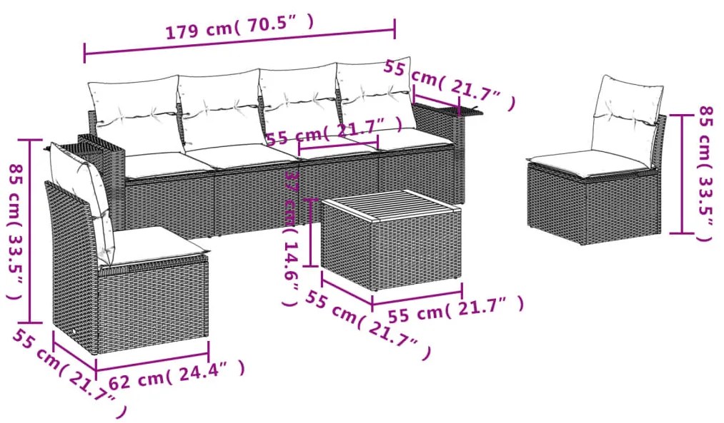 7 pcs conj. sofás jardim c/ almofadões vime PE bege misturado