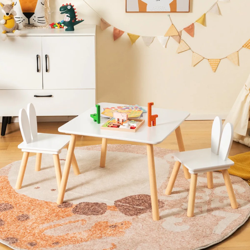 Conjunto de mesa e cadeiras para crianças, mesa quadrada, 2 cadeiras, pernas de madeira, economiza espaço, conjunto de móveis multifuncionais para crianças, branco