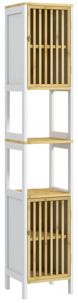 HOMCOM Armário Casa de Banho 2 Estantes Abertas 2 Armários Portas Ripas Prateleiras Ajustáveis Design Moderno 32x30x172 cm Branco | Aosom Portugal
