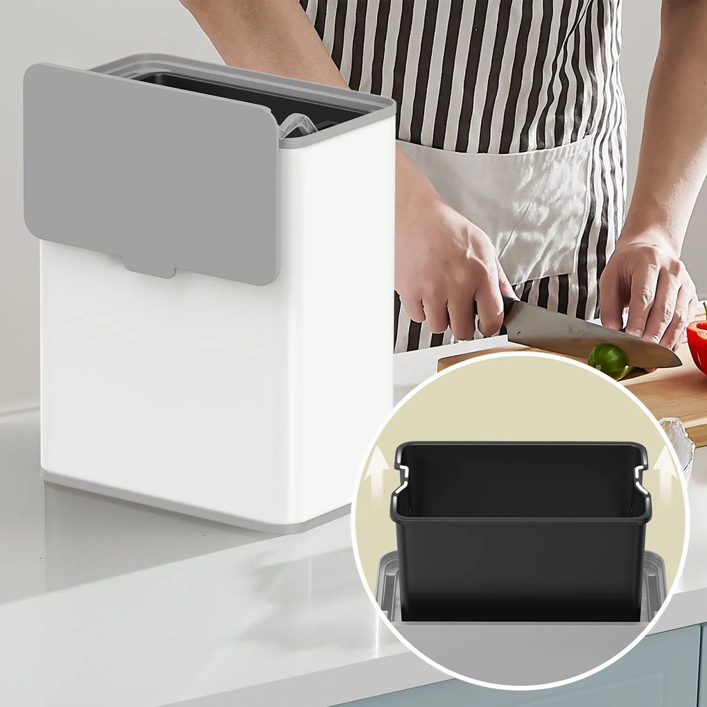 Caixote do lixo suspenso em aço com 8 litros e tampa para resíduos orgânicos 25,8 x 15,2 x 32 cm, para fixar na porta do armário ou na parede branco