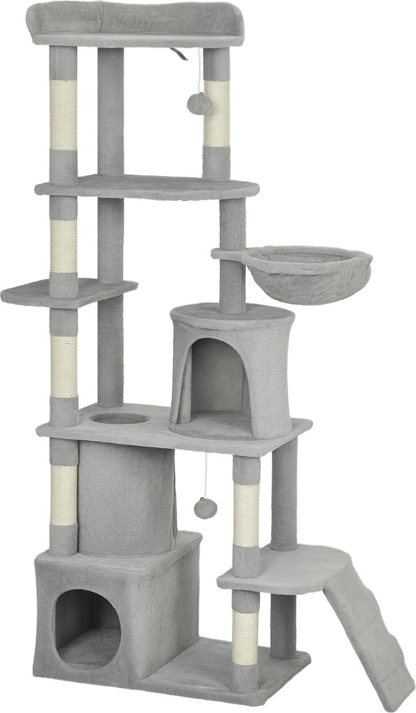 PawHut Arranhador para Gatos Grande com 7 Postes 1 Túnel 3 Plataformas 2 Cavernas 1 Rede 1 Poleiro 1 Rampa Pompons 60x40x170 cm Cinzento | Aosom Portugal