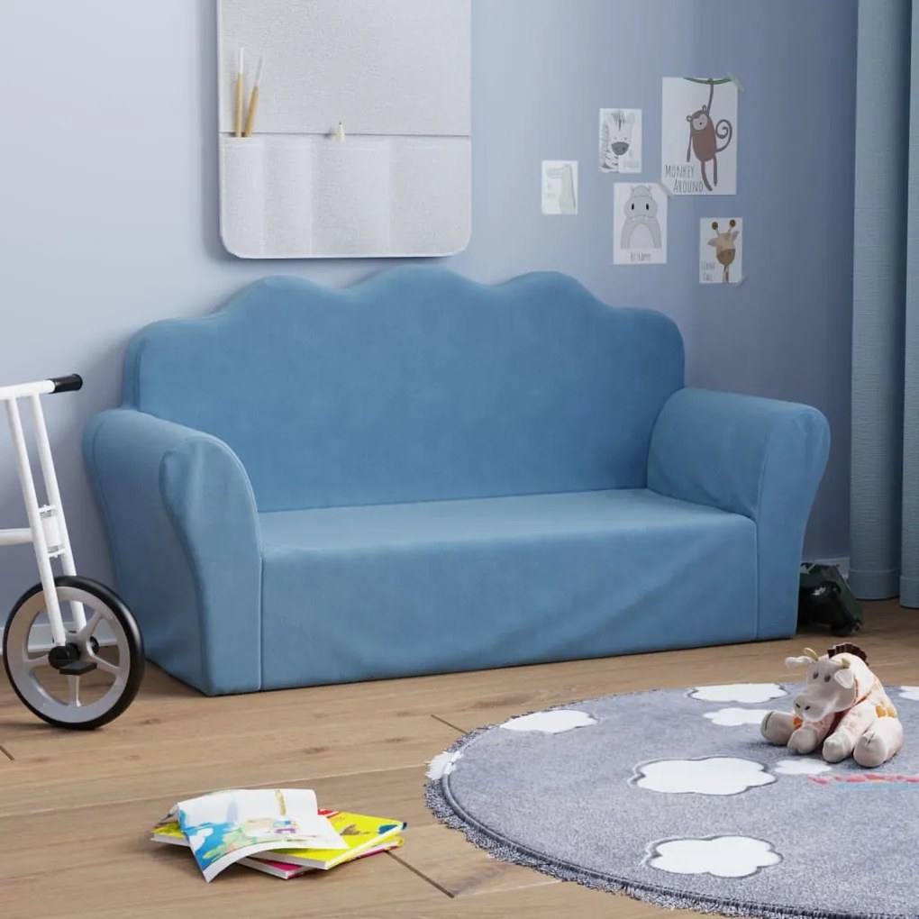 341867 vidaXL Sofá infantil de 2 lugares pelúcia azul