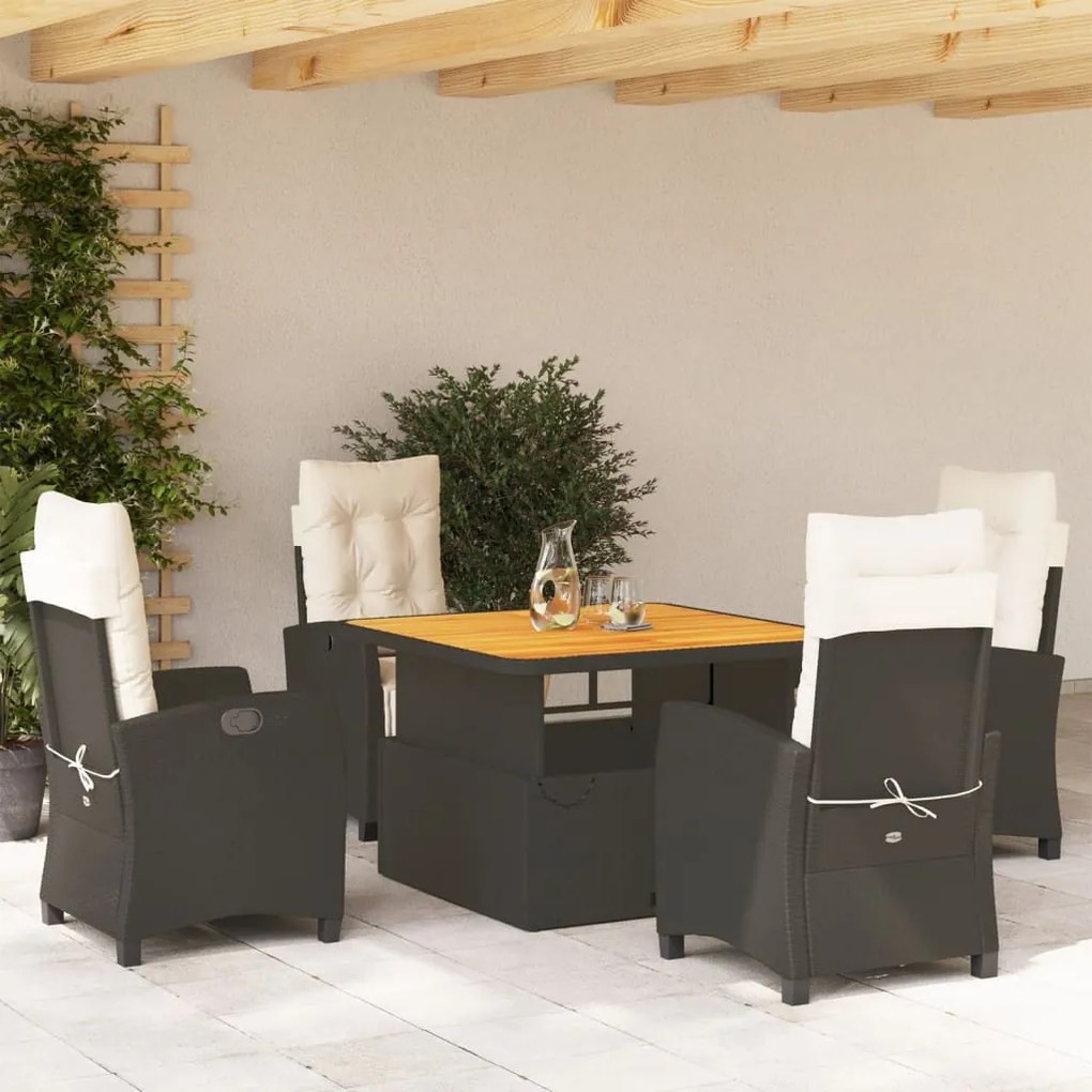 vidaXL 5 pcs conjunto de jantar p/ jardim c/ almofadões vime PE preto