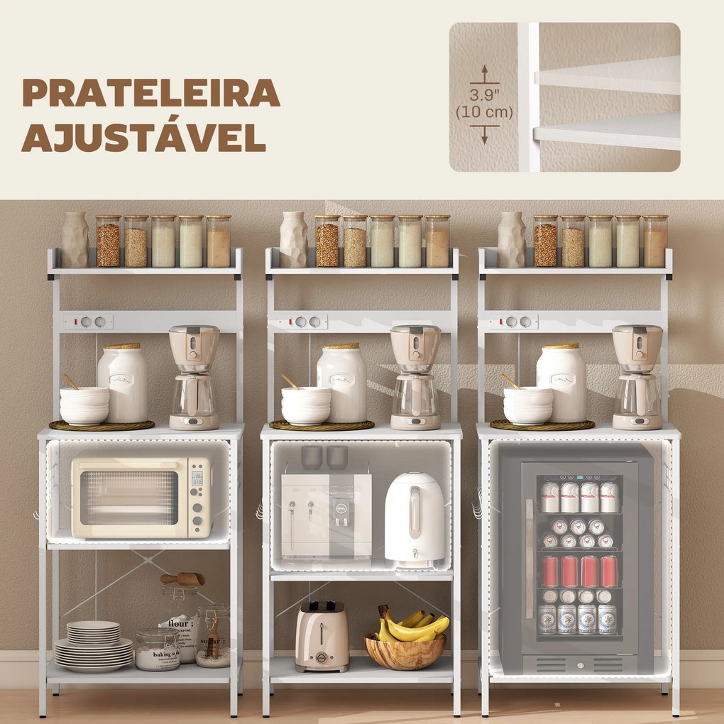 Armário de Cozinha com 2 Tomadas Prateleira para Micro-ondas Prateleira Ajustável Ganchos 60x42x137 cm Branco