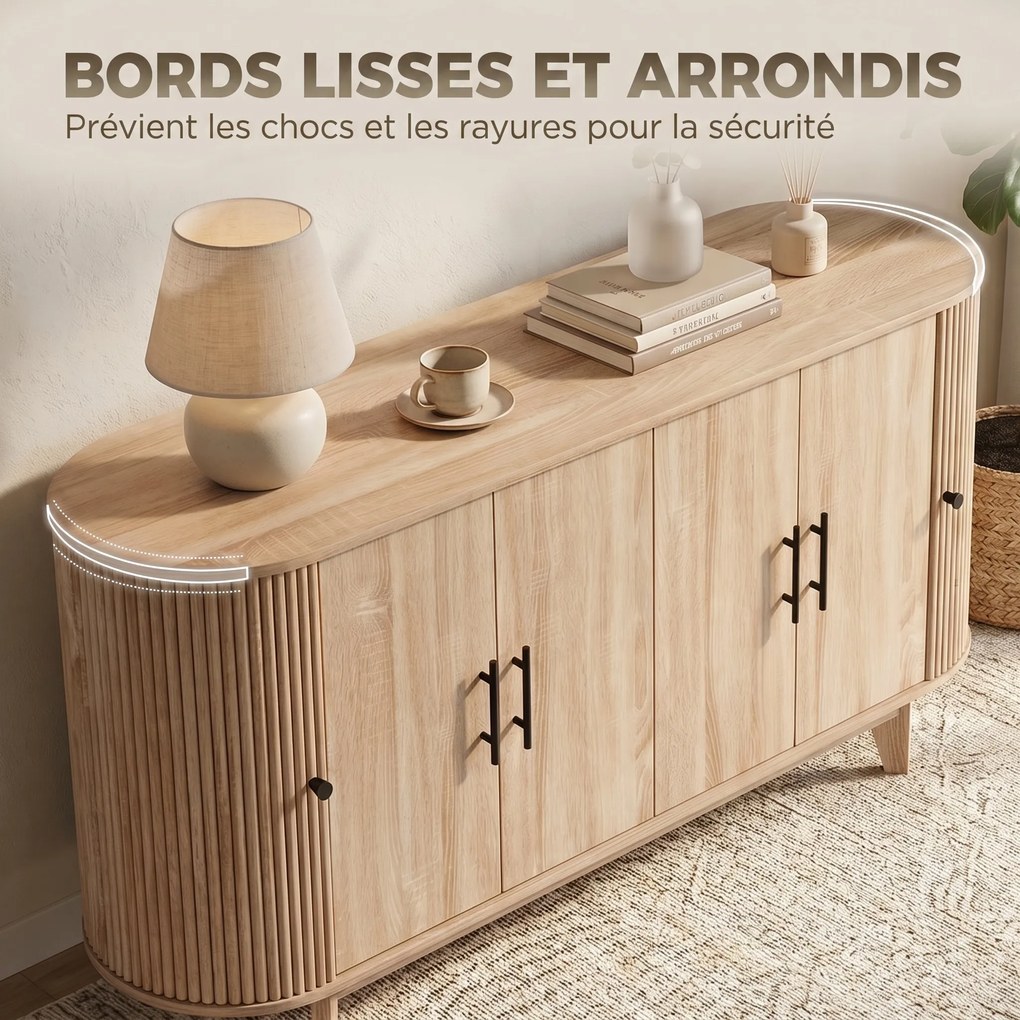 Aparador de sala, móvel de arrumação oval com 4 portas e 2 prateleiras ajustáveis, 147 x 40 x 76 cm, carvalho