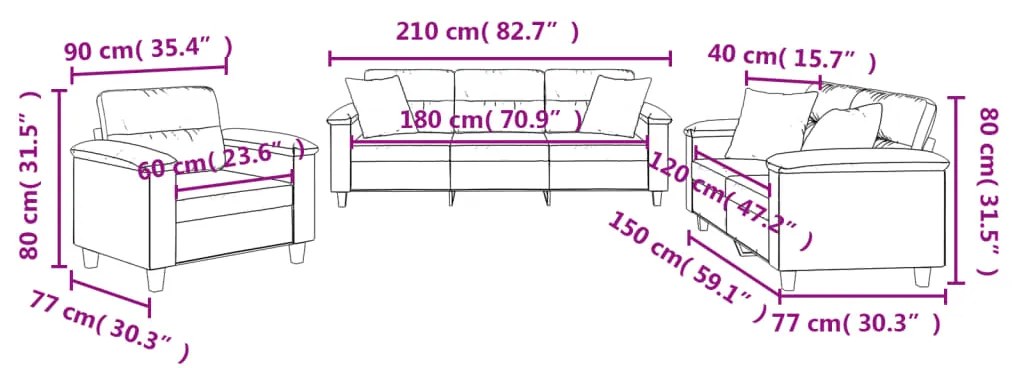 3 pcs conjunto sofás c/ almofadas tecido microfibra cor creme