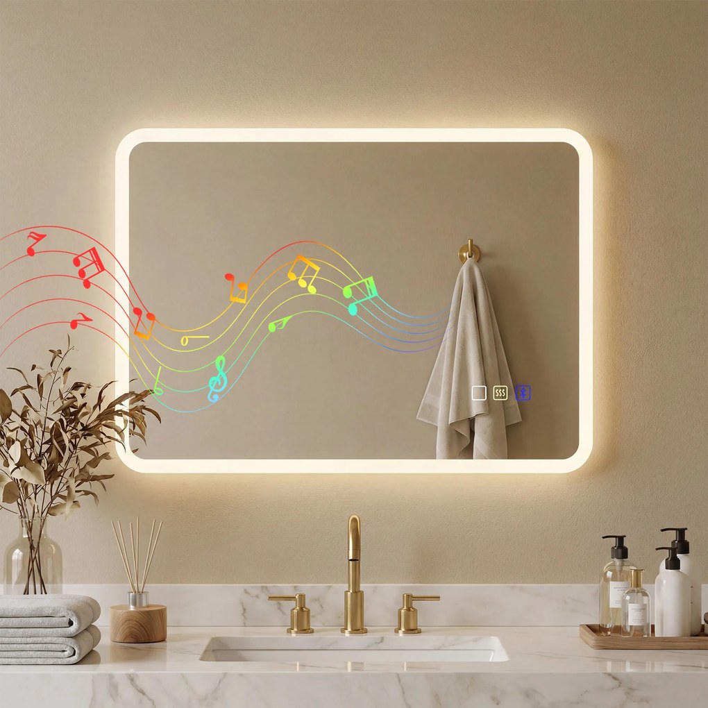 Espelho de casa de banho LED com Bluetooth, 50 x 70 cm, interruptor tátil, iluminação regulável, 3 cores, anti-embaciamento, memória, prateado