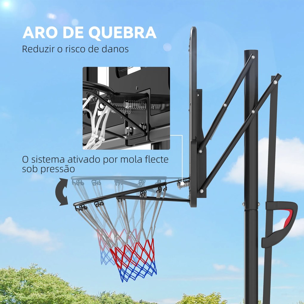 Cesto de Basquetebol de Exterior com Altura Ajustável Suporte Rodas Base Recarregável e Bolsa de Peso 90x60x305 cm Preto