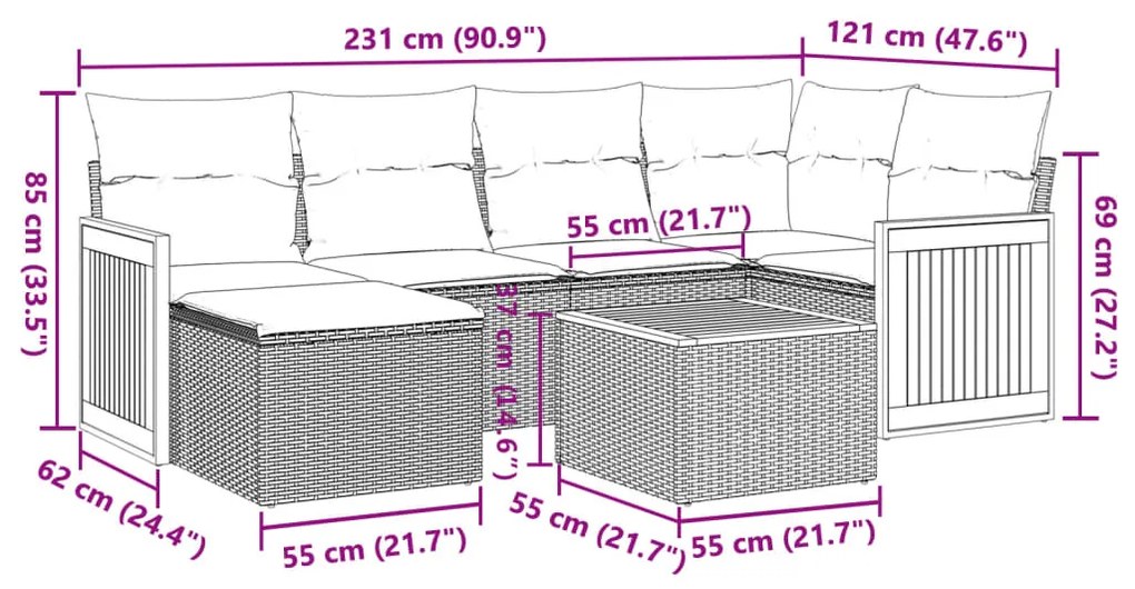 7 pcs conjunto de sofás p/ jardim c/ almofadões vime PE preto