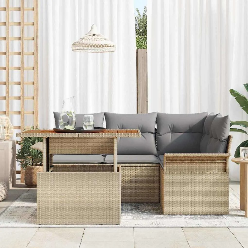 Conjunto de jantar de jardim com 5 peças e almofadas bege em rattan si