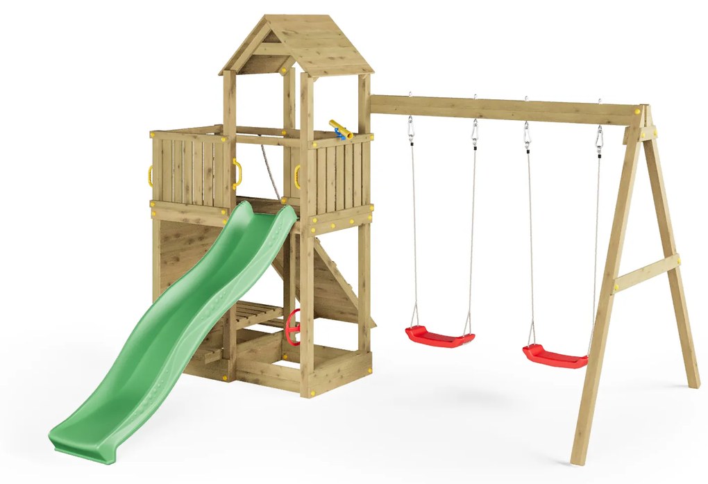 Parque infantil Crianças Exterior FLOPPI KDI Escorrega Verde, Baloiço duplo, parede de escalada