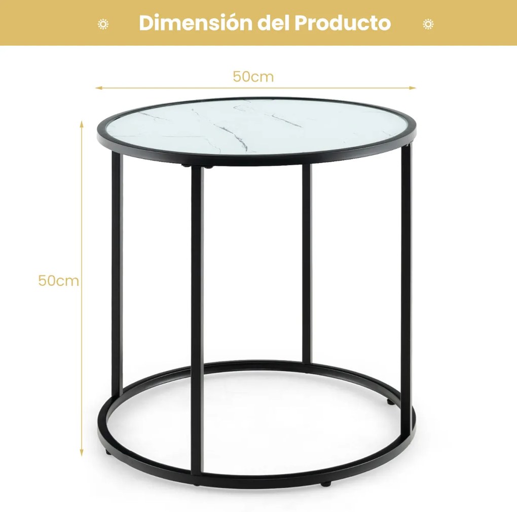 Mesa de apoio redonda de 50 cm com estrutura metálica e tampo de vidro com efeito mármore Preto e branco