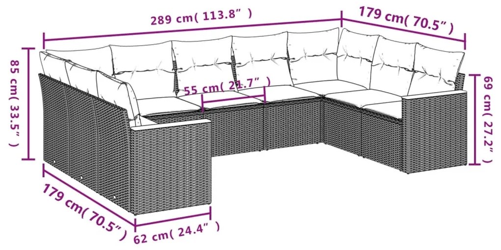 9 pcs conjunto de sofás p/ jardim com almofadões vime PE bege